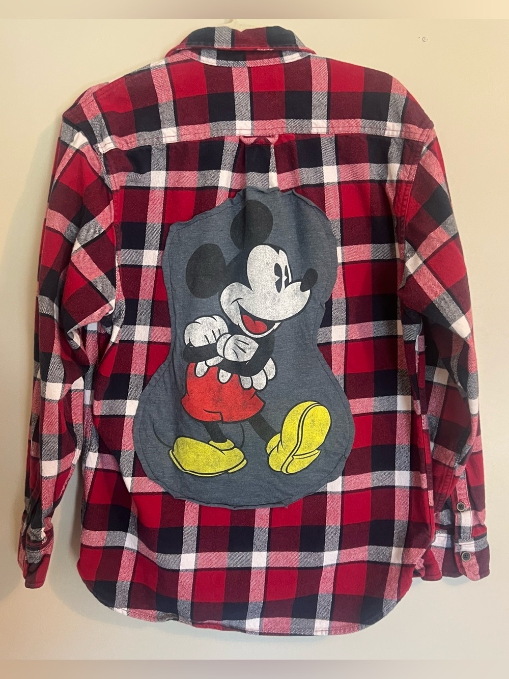 Jachs Red Black White Plaid Upcycled Button-Down with Mickey Graphic